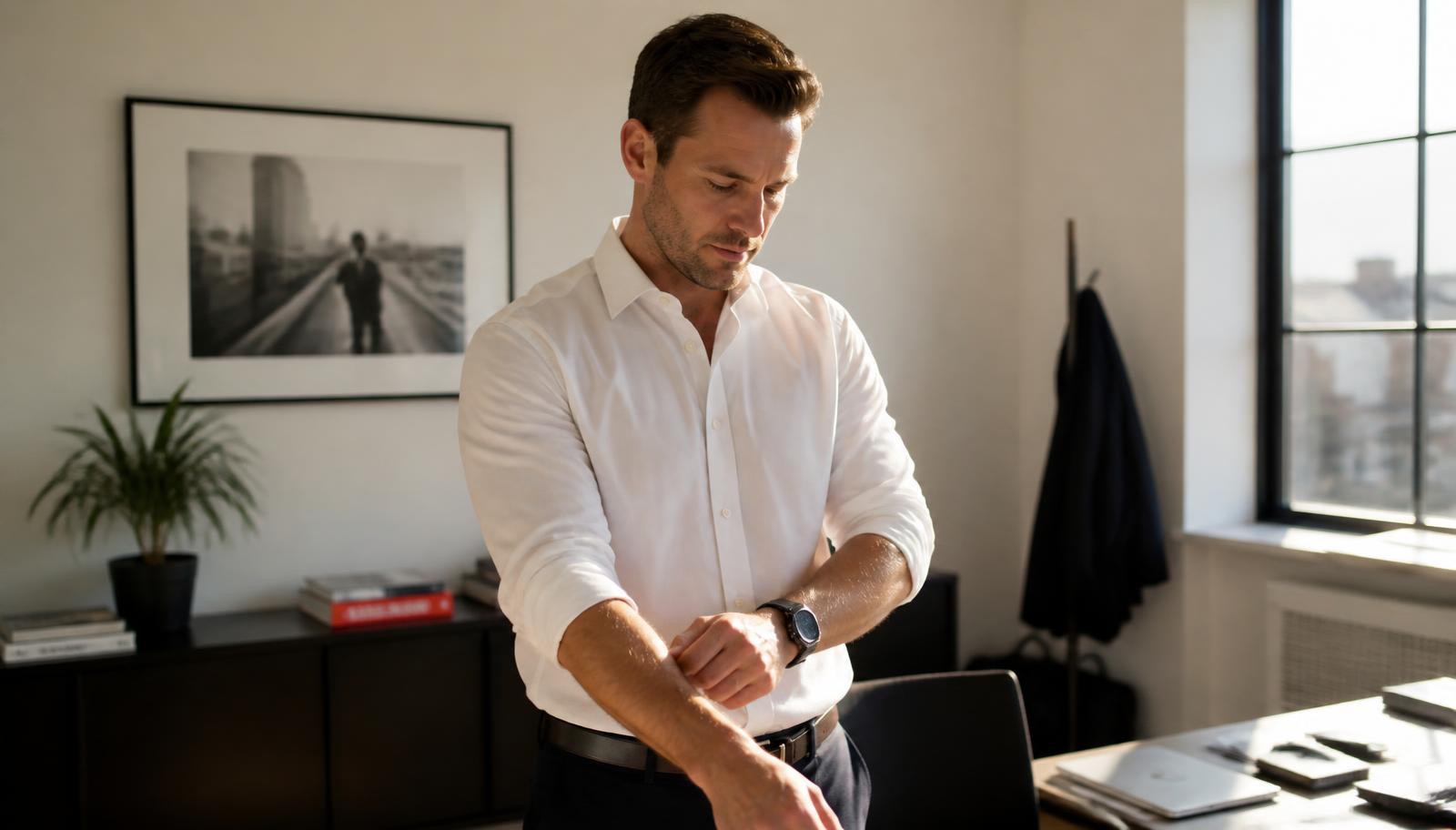 A fit, focused man in his late thirties in a sunlit minimalist office, rolling up his sleeves