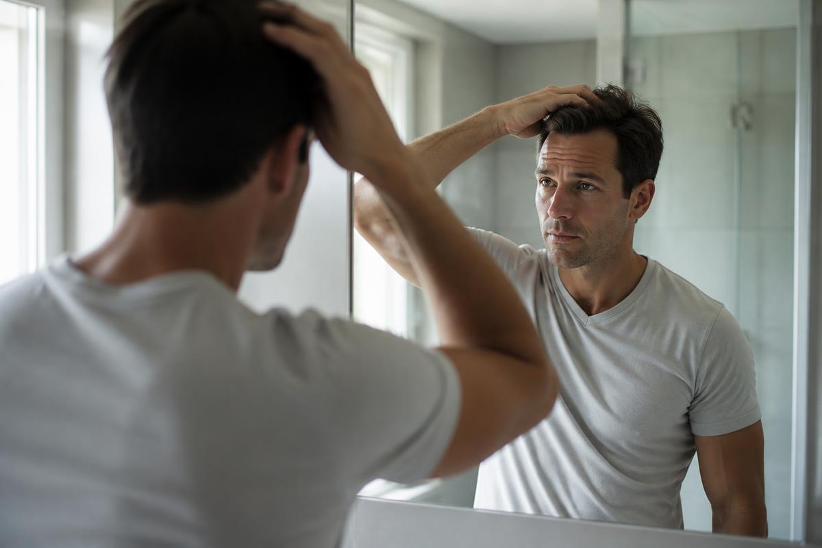 A man in his late thirties checking his hair in a bathroom mirror in natural morning light